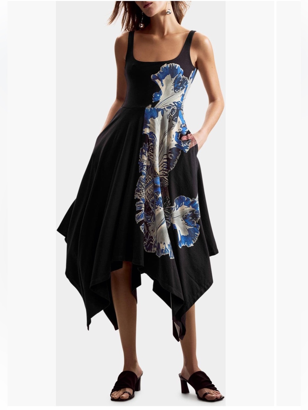 Black Floral Handkerchief Hem Dress with Blue Accent